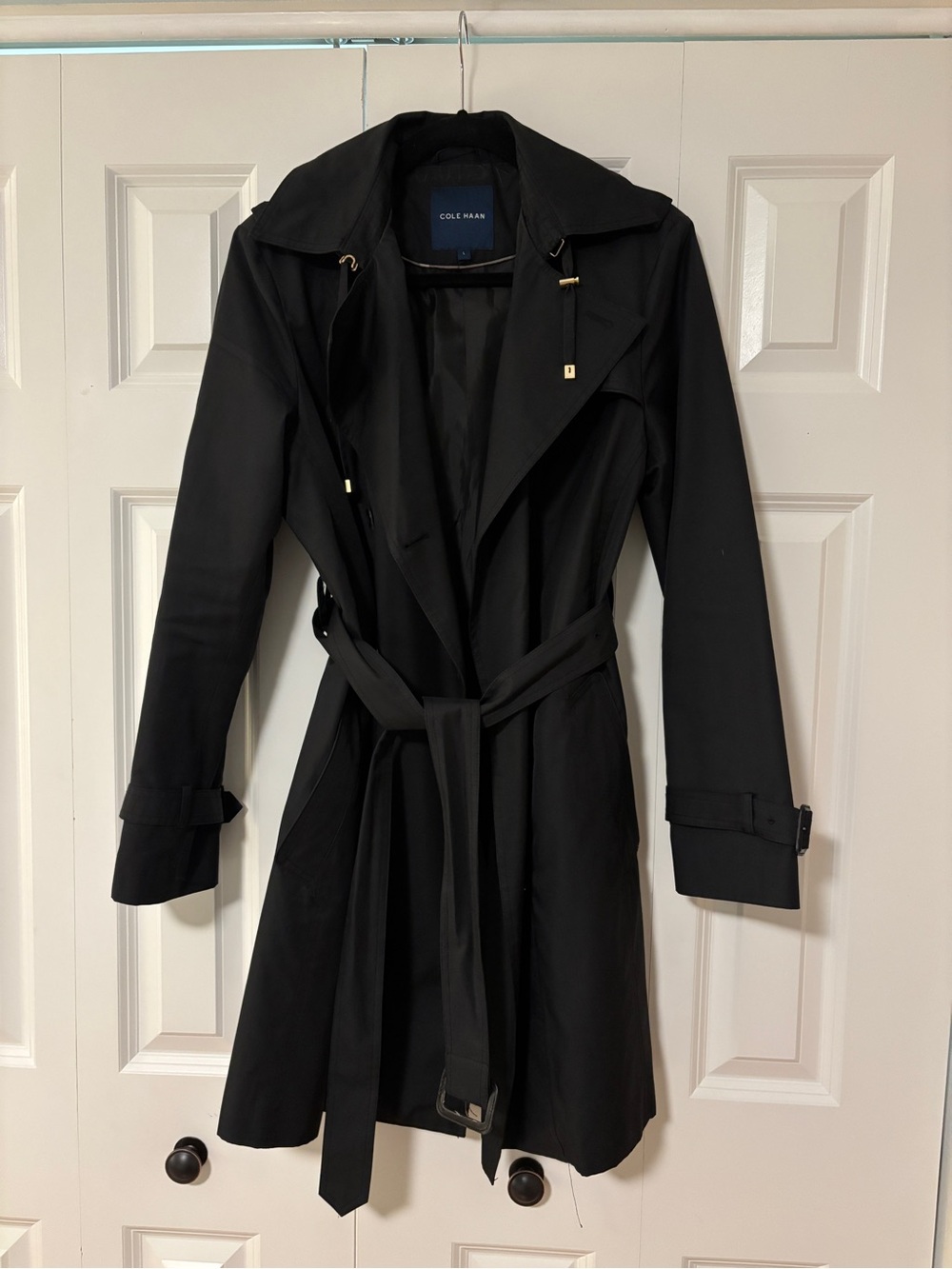 Cole Haan Black Belted Trench Coat with Gold-Tone Accents